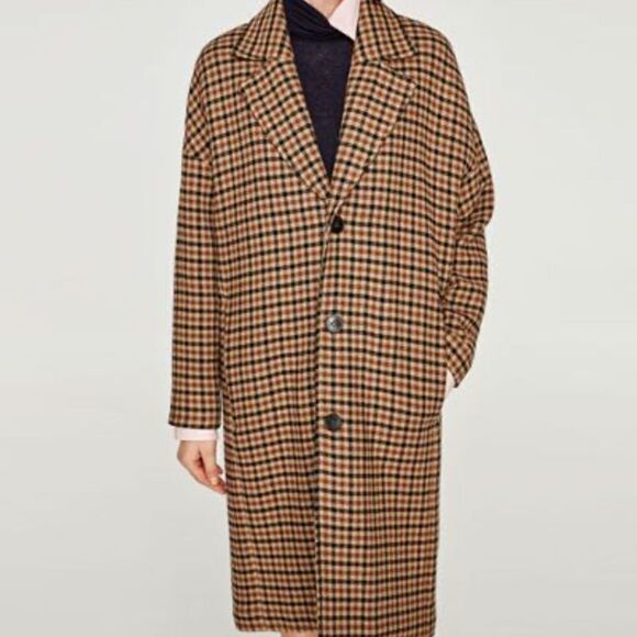 Zara Man Size M Brown Wool Plaid Check Oversized Long NEW Coat Office Modern - Picture 14 of 14